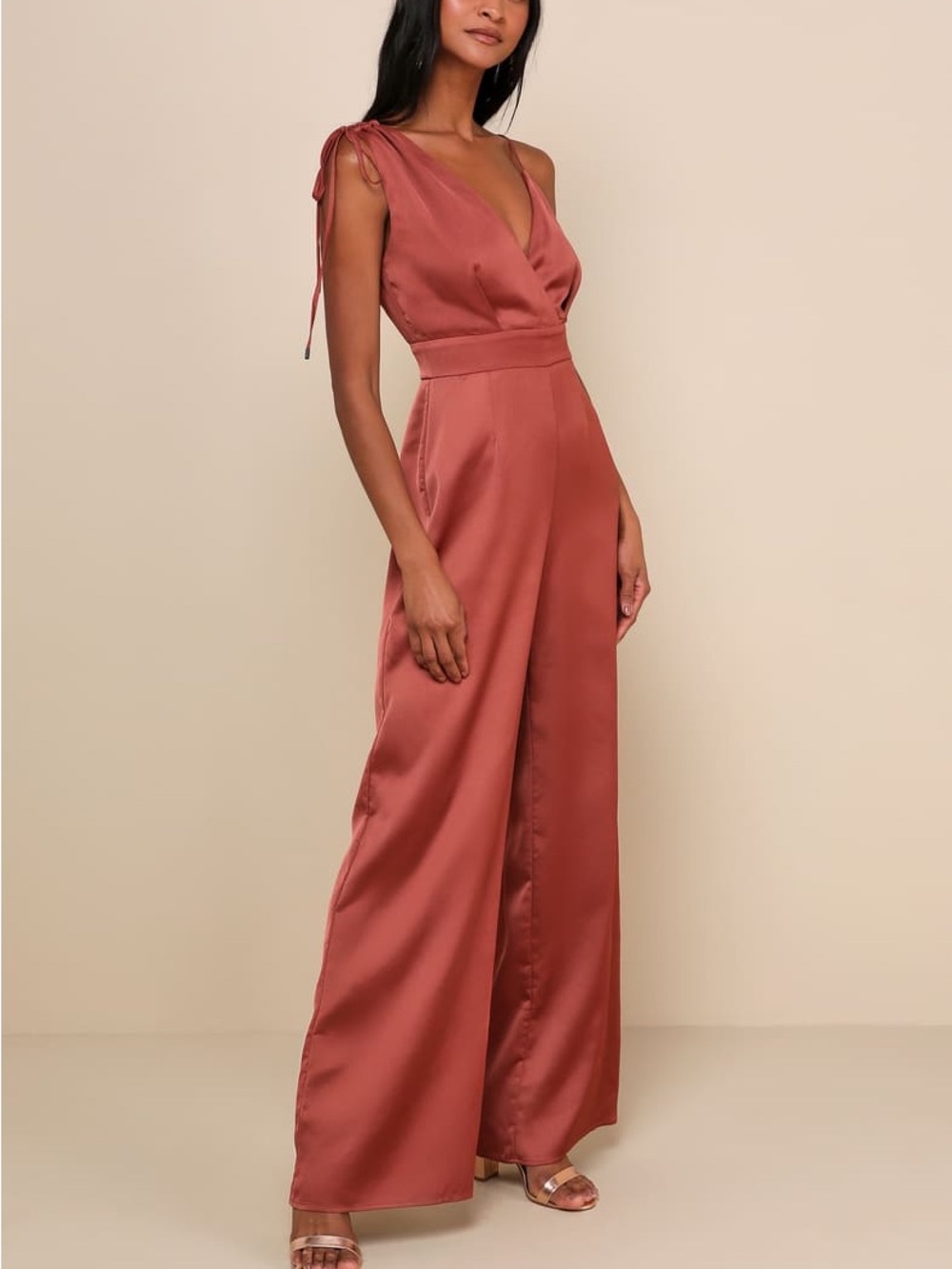 NWT Lulu’s Look Of Luxe Wide Leg Jumpsuit Asymmetrical Straps Silky Satin Guest